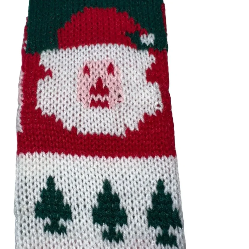 Vintage Knit Santa Claus Stocking Pom Pom Skinny Long Red Green Nostalgia Argyle